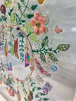 Close-up of raised multicolor paint details on glass panel