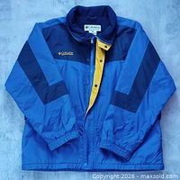 Front view of blue and navy colour block Columbia jacket with yellow placket
