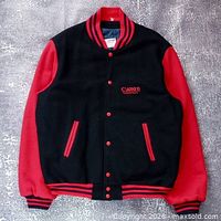 Full front view of black and red Canon varsity jacket