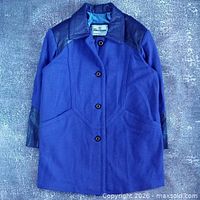 Full front view of purple leather-wool jacket