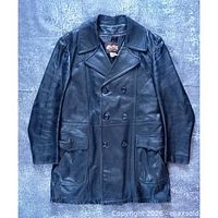 Front view of black double-breasted leather coat