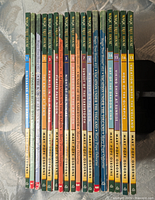 Spines of 18 Magic Tree House books aligned, showing series numbers and titles