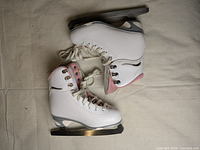 Top view of both skates showing uppers, lacing, blade and overall condition