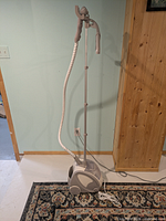 Full view of assembled T-fal steamer with pole extended and hose attached