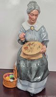 Front view of Royal Doulton "Embroidering" figurine with basket of threads