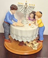 Front view of figurine showing children, menorah, dog and table details