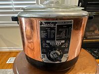 Front view showing Danby Frymaster Model 400 label, glass lid, copper body