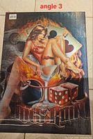 Brunette in martini glass with dice and cards