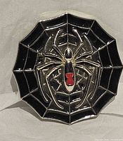 Front view of silvertone metal buckle with black enamel web and raised spider design