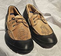 3⁄4 front view of both black rubber overshoes with sample shoes inserted