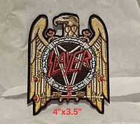 Front view showing full Slayer eagle embroidered patch with 4" x 3.5" text reference