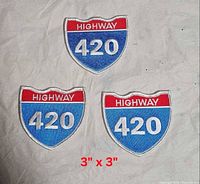 Three identical Highway 420 embroidered patches laid out on fabric with dimension text