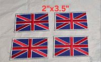 Four identical Union Jack embroidered patches displayed flat, showing size reference 2" x 3.5"