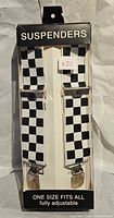 Front view of packaged checkerboard suspenders