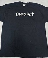 Full view of front of black Coexist graphic T-shirt