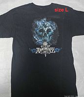 Front view of black Alchemy England 1977 skull graphic T-shirt size L