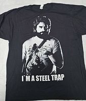 Full view of front of black T-shirt showing graphic and text