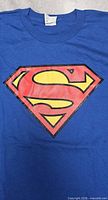 Close-up of Superman shield logo on chest