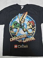 Full view of front of black LEGO Chima tee