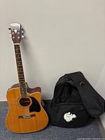 Full view of guitar with gig bag