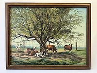 Full view of framed pastoral oil painting