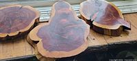 Three red cedar wood slices on windowsill showing surfaces and edges
