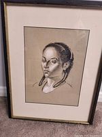 Full view of framed drawing showing artwork, mat and frame