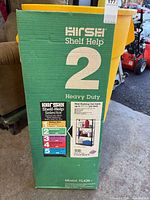 Front of boxed Hirsh Shelf Help heavy duty shelving unit