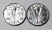 Front view of both 1944 Canadian Victory 5-cent coins