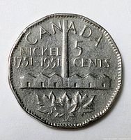 Reverse showing CANADA NICKEL 1751-1951 5 CENTS design