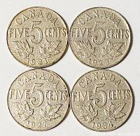 Four Canadian five-cent coins dated 1931, 1923, 1927, 1934
