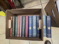 Top view of box containing twelve cloth-bound volumes showing spine colours and gilt titles