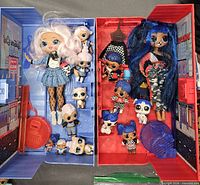 Overview of open blue and red lockers with OMG dolls, tots and pets