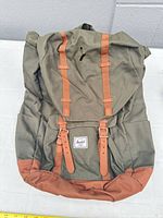 Front view showing olive canvas body, straps, label, stain on flap