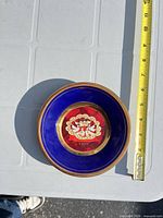 Top view of plate showing design and tape measure indicating diameter