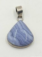Front view of pendant showing blue lace agate cabochon and silver bezel