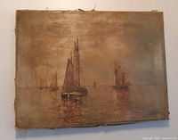 Full view of the unframed oil painting on canvas showing ships at sea
