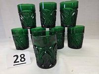 Eight forest green Sandwich pattern tumblers front view