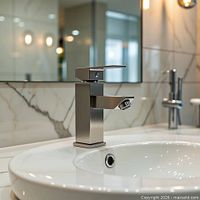 close view of square-profile brushed nickel faucet mounted on sink