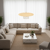 Pendant chandelier in staged living room, showing overall form and glow