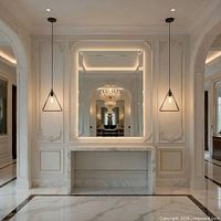 Installed view of single black triangular pendant hanging in formal marble hallway