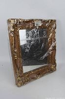 Front view of gilt-style framed mirror in plastic wrap