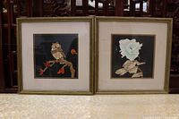 Front view of both framed artworks showing owl and rose images, mats and frames