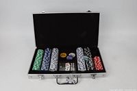 Open case showing poker chips, cards, buttons