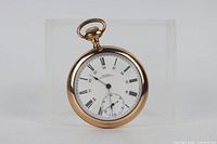 Front view showing dial, hands, numerals, and bow