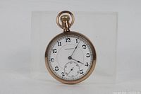 Front view showing dial, hands, numerals and brand name