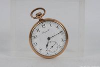 Front view of pocket watch showing dial and hands