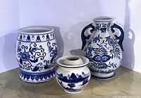 Group view of all three blue and white ceramic pieces