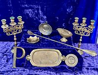 Entire lot overview showing candelabras, dishes, incense boat, shoehorn, letter P, tray, small plates and bowl