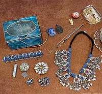 Group shot of entire jewelry lot including necklace, brooches, bracelets, scarabs, chains, trinket box and accessories